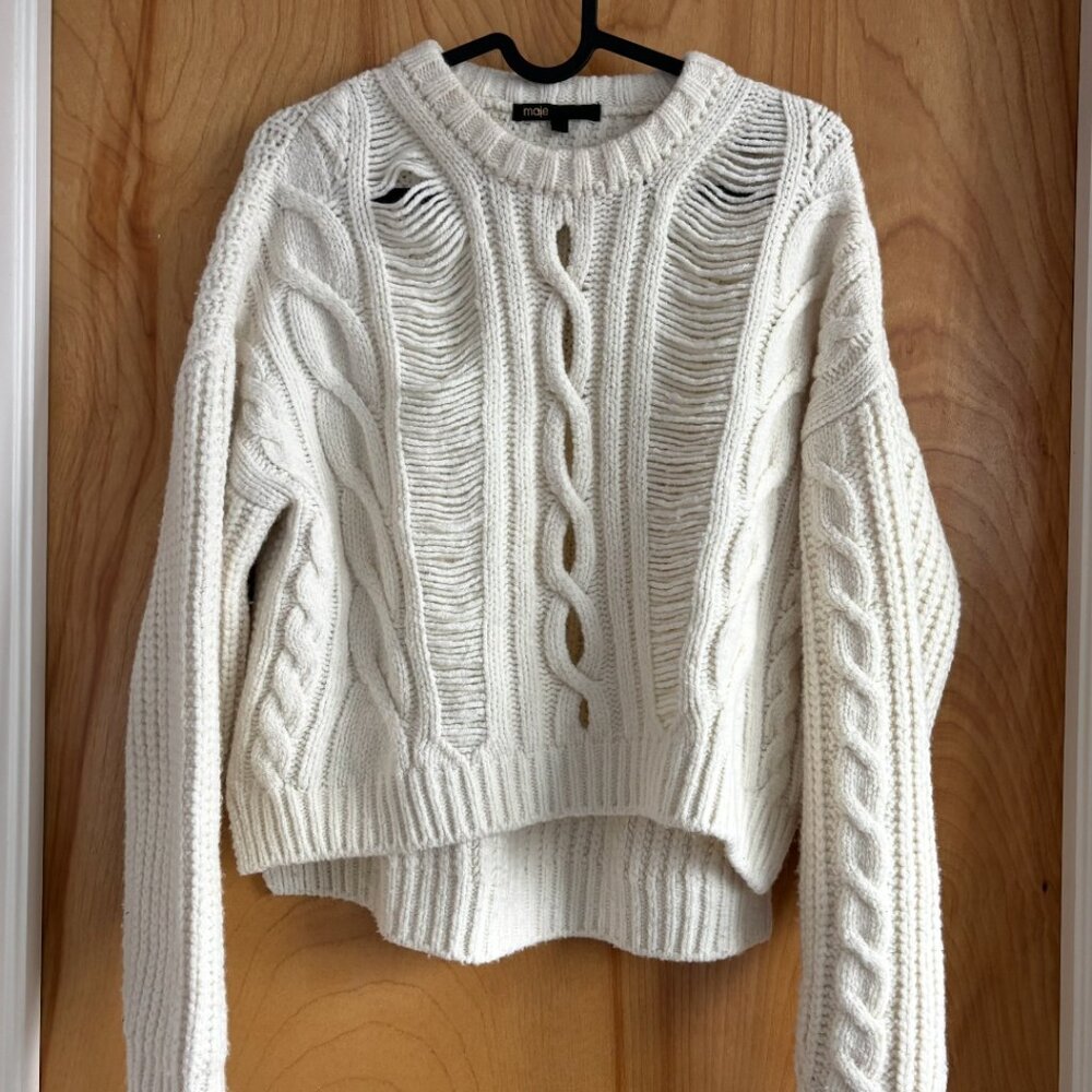Maje White Martina Cable-Knit Wool-Blend Sweater Size Small